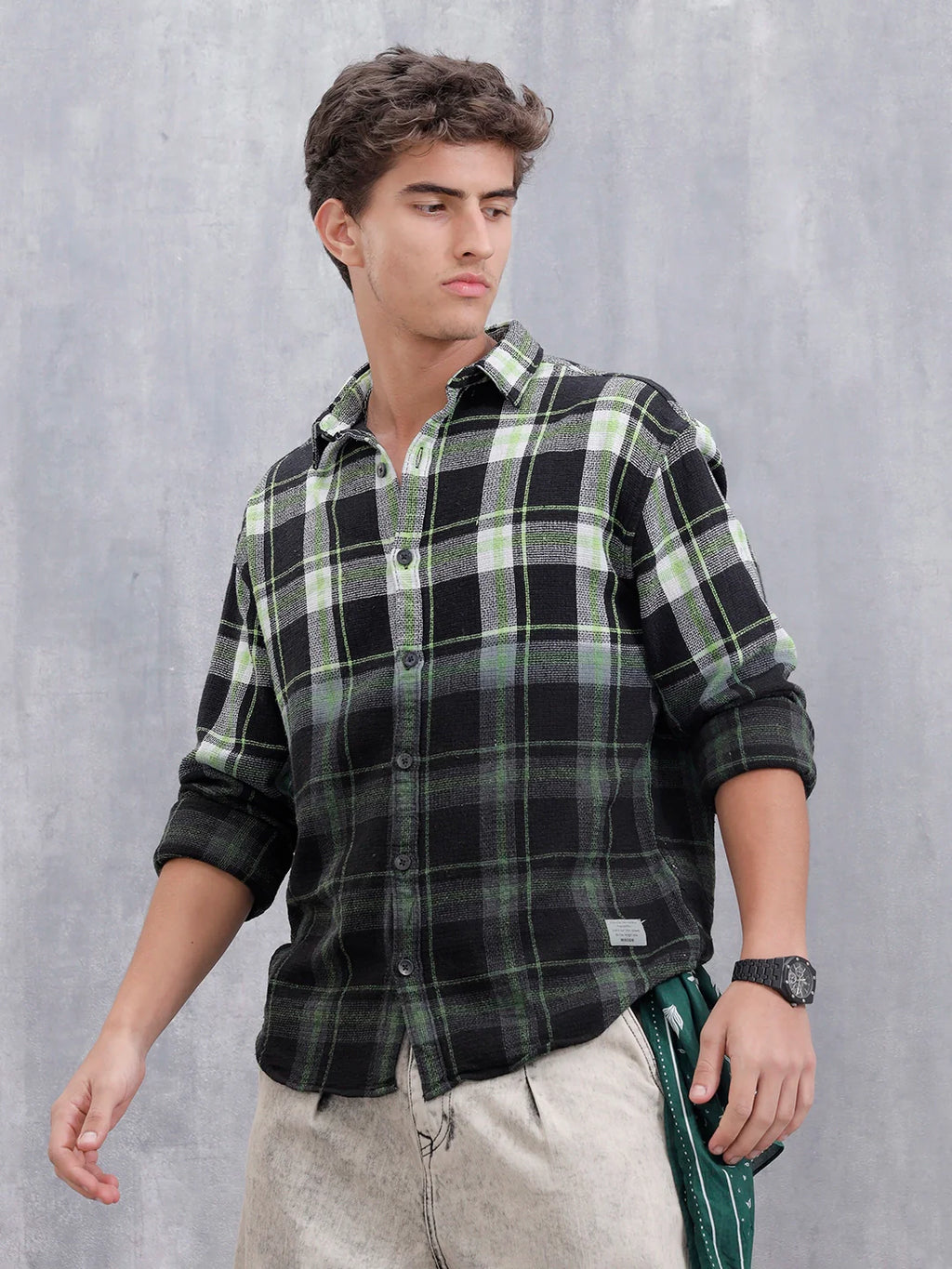 Men Checkered Pattern Oversized Fit Shirt | Black