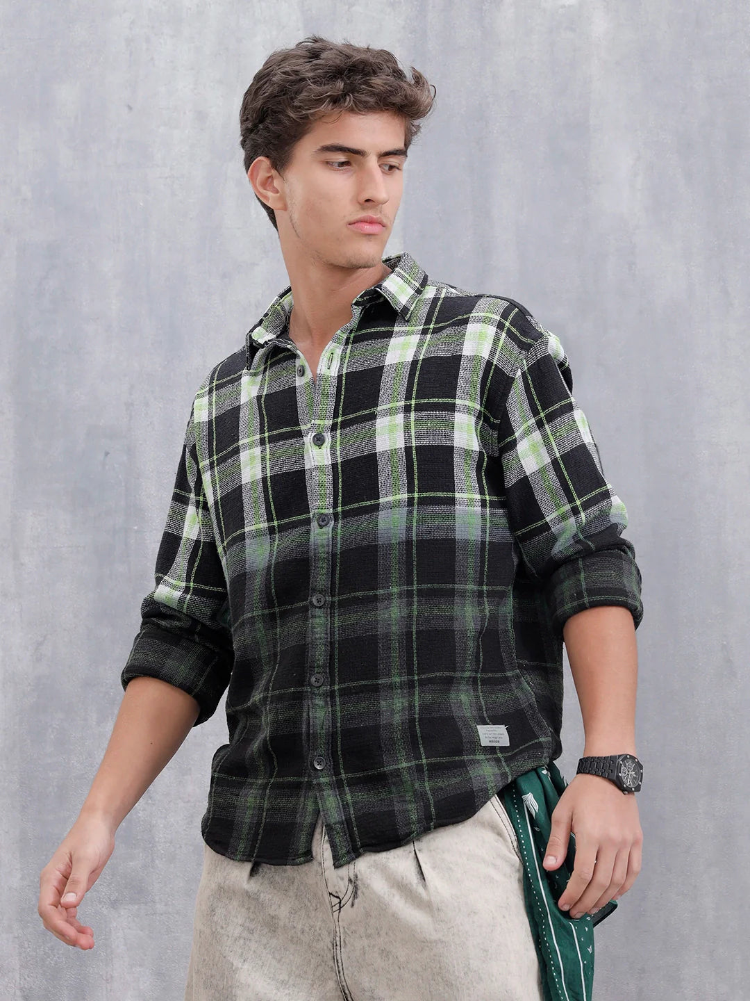 Men Checkered Pattern Oversized Fit Shirt | Black