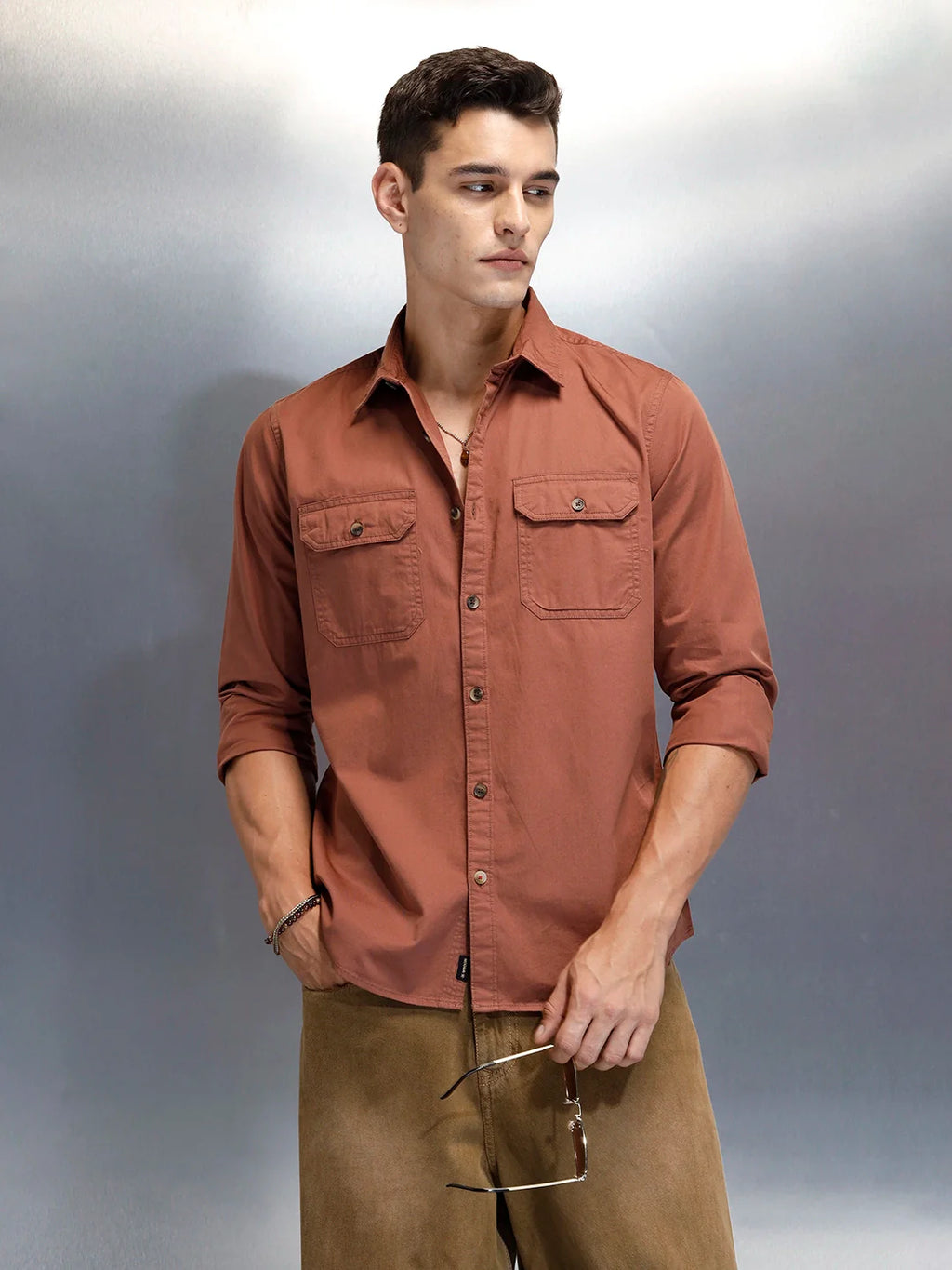 Men's Casual Cargo Double Pocket Shirt | Brown