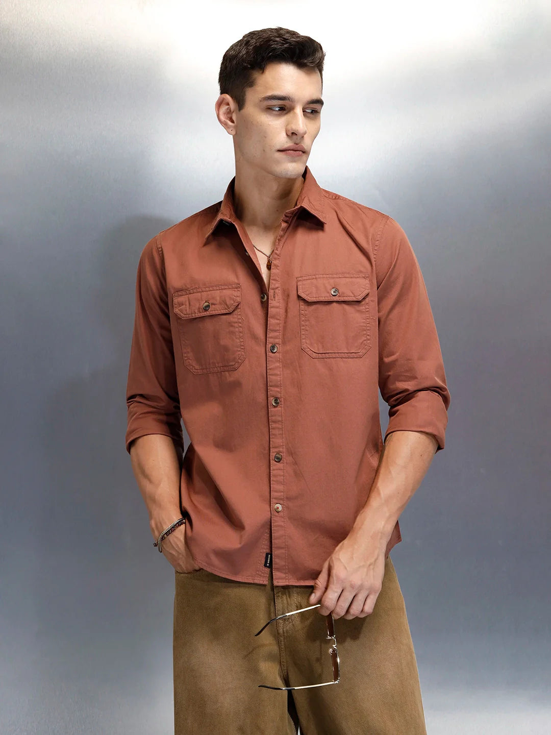 Men's Casual Cargo Double Pocket Shirt | Brown