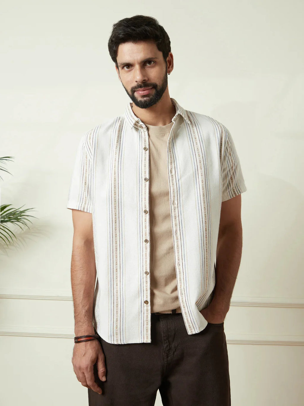 Striped Short Sleeve Textured Shirt  | Off White