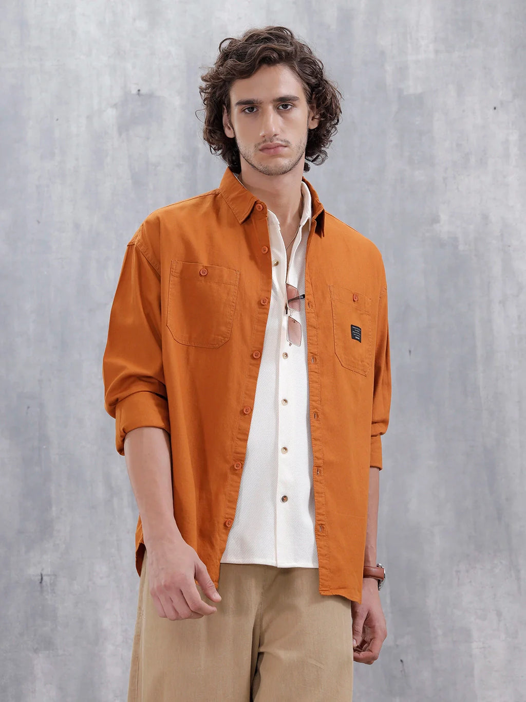 Men's Casual Solid Double Pocket Oversized Fit Shirt | Orange