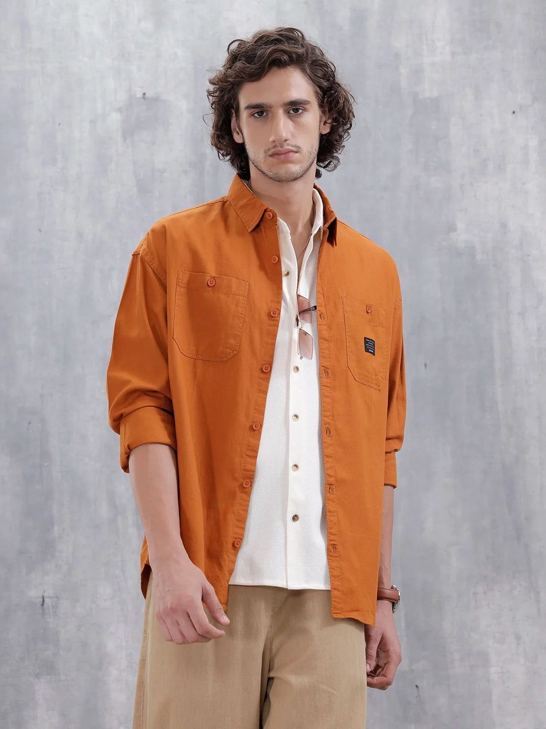 Men's Casual Solid Double Pocket Oversized Fit Shirt | Orange