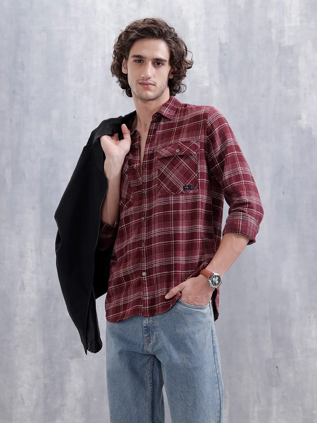 Men’s Double Pocket Checkered Pattern Shirt | Maroon
