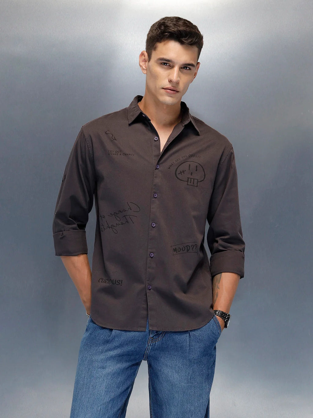 Men's Casual Regualr Fit Shirt With Placement Print | Dark Grey