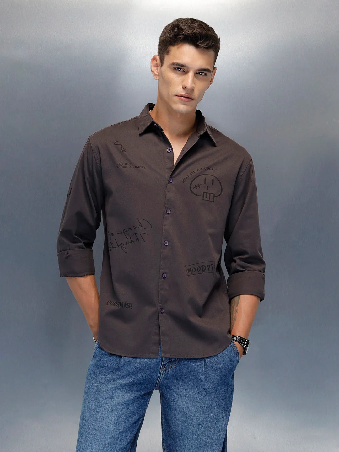 Men's Casual Regualr Fit Shirt With Placement Print | Dark Grey