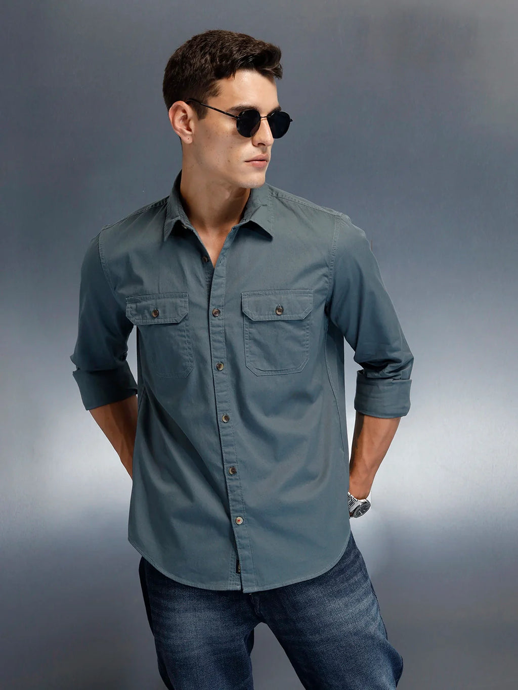 Men's Casual Cargo Double Pocket Shirt | Teal