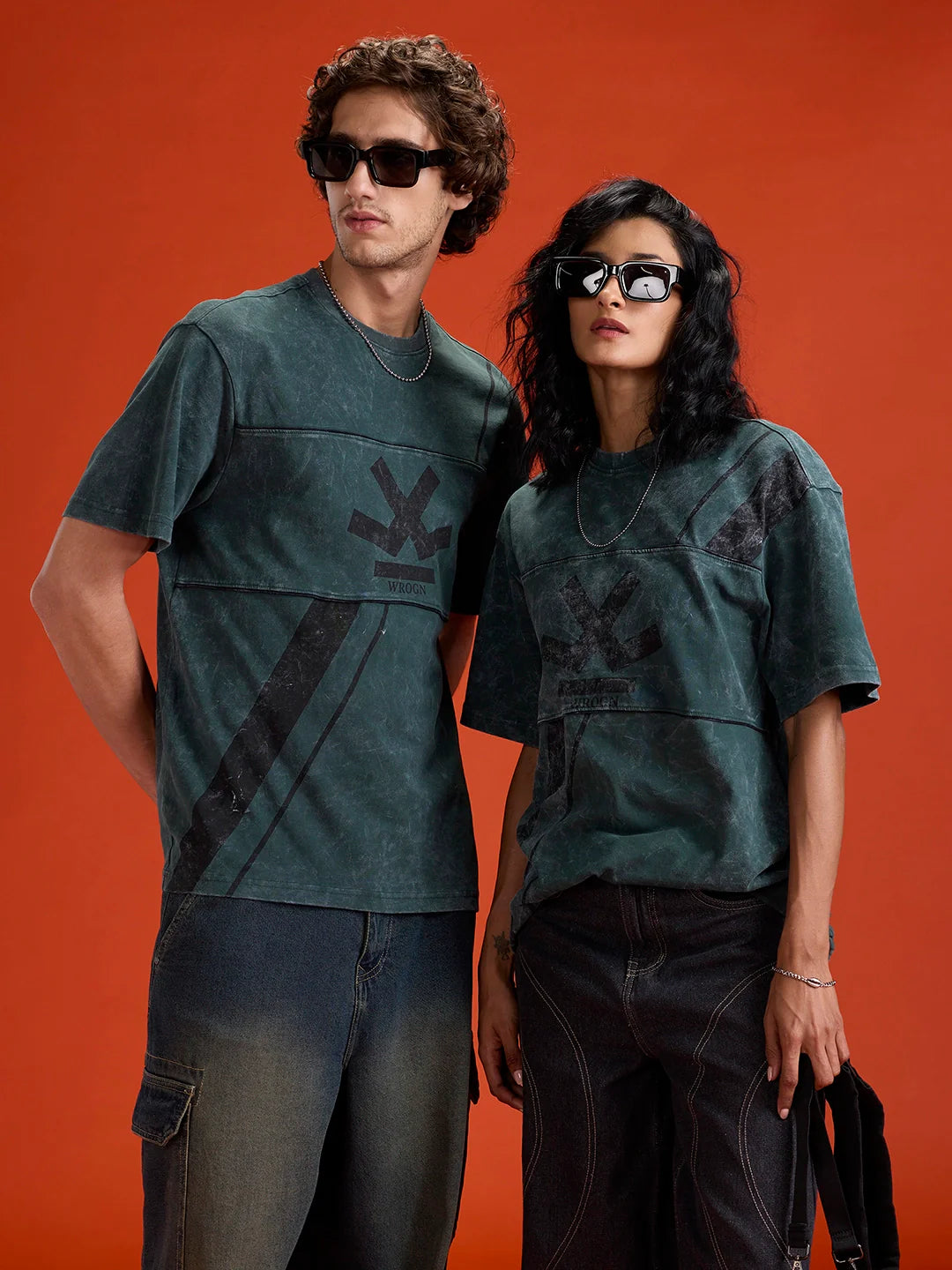 Washed Cut& Sew Graphic Printed Oversized Fit T-Shirt | Dark Green
