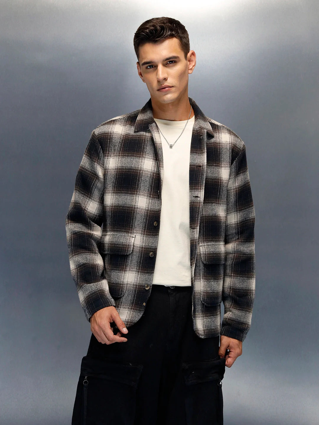 Men's Casual Regualr Fit Checkered Pattern Shacket | Black