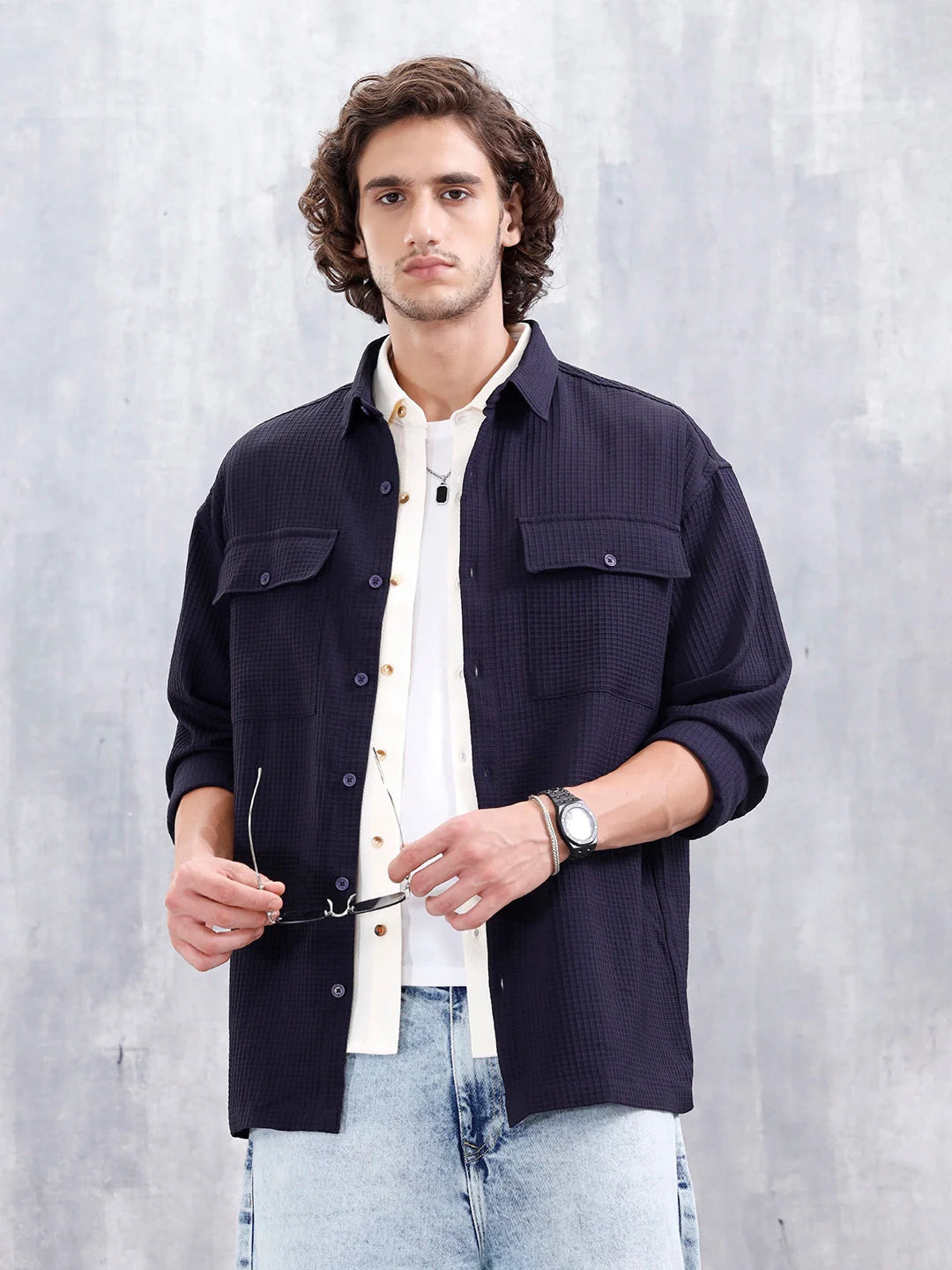 Men's Casual Solid Double Pocket Oversized Fit Shirt | Black