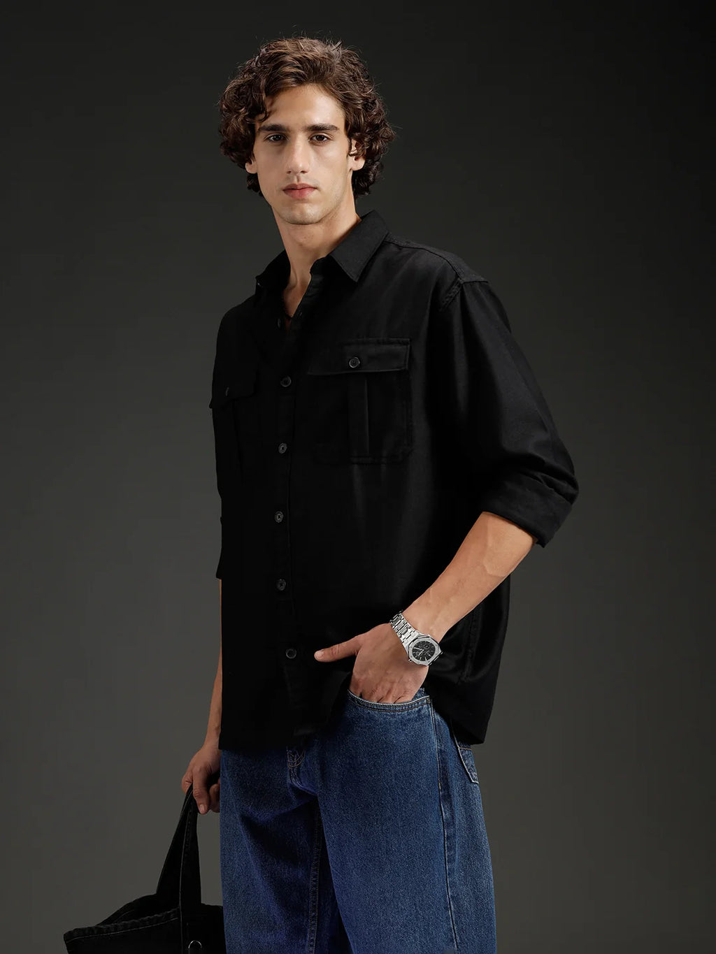 Men's casual oversized fit double pocket shirt | Black