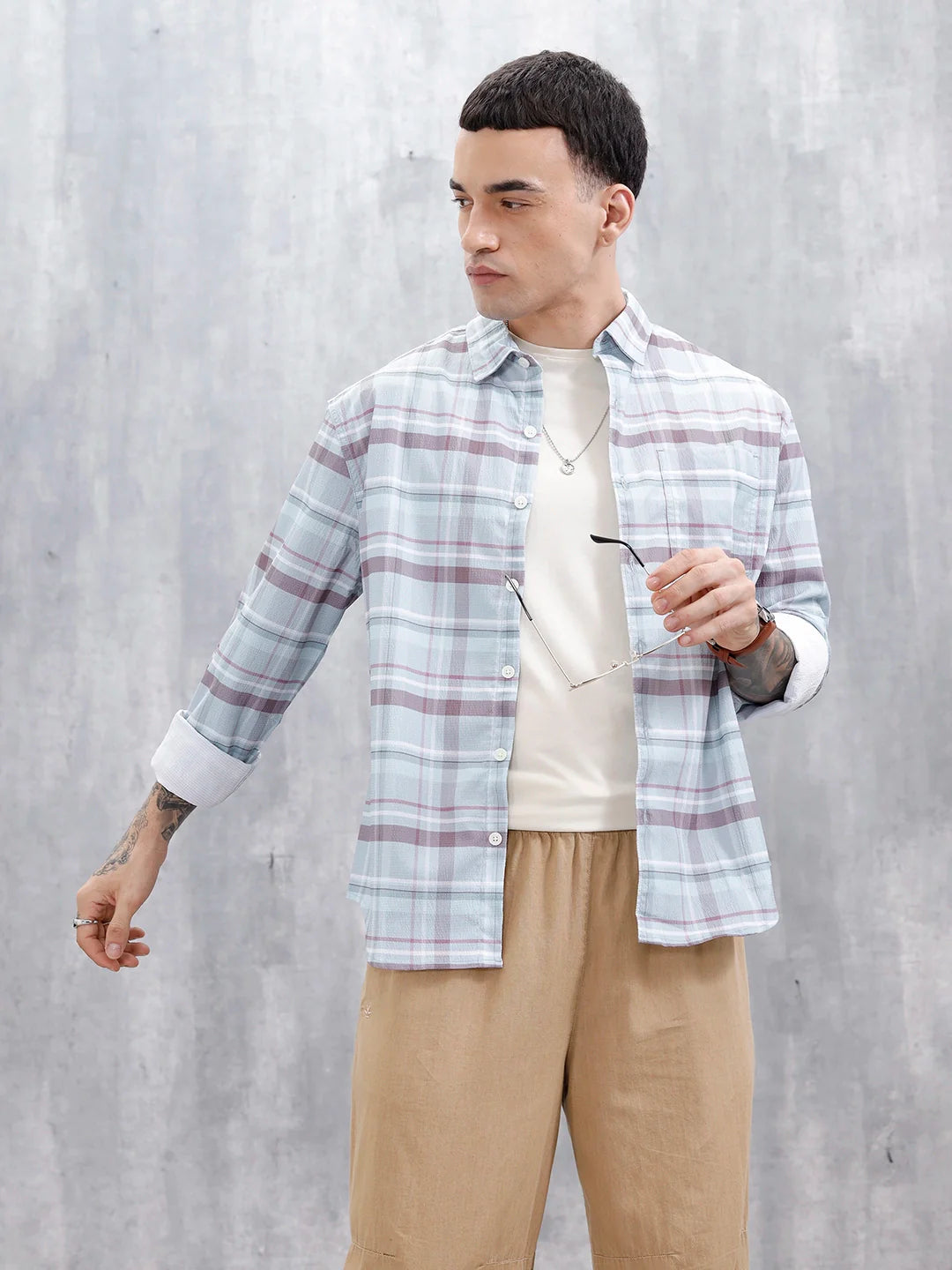Wrogn Men's Comfot Fit Printed Checkered Shirt | Blue