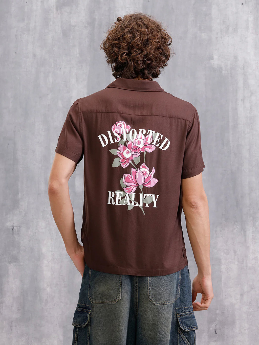 Fluid Resort Collar Shirt With Surreal Back Print | Brown
