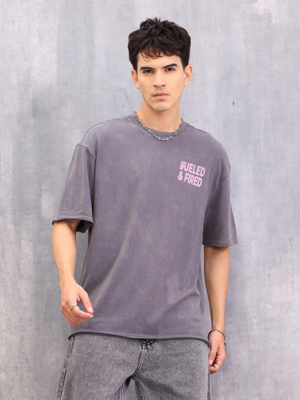 Retro Washed Oversized Fit Raw Edge T-shirt With Graphic | Grey