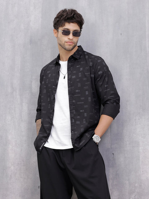 100% Cotton Aop Printed Casual Regualr Fit Shirt | Black