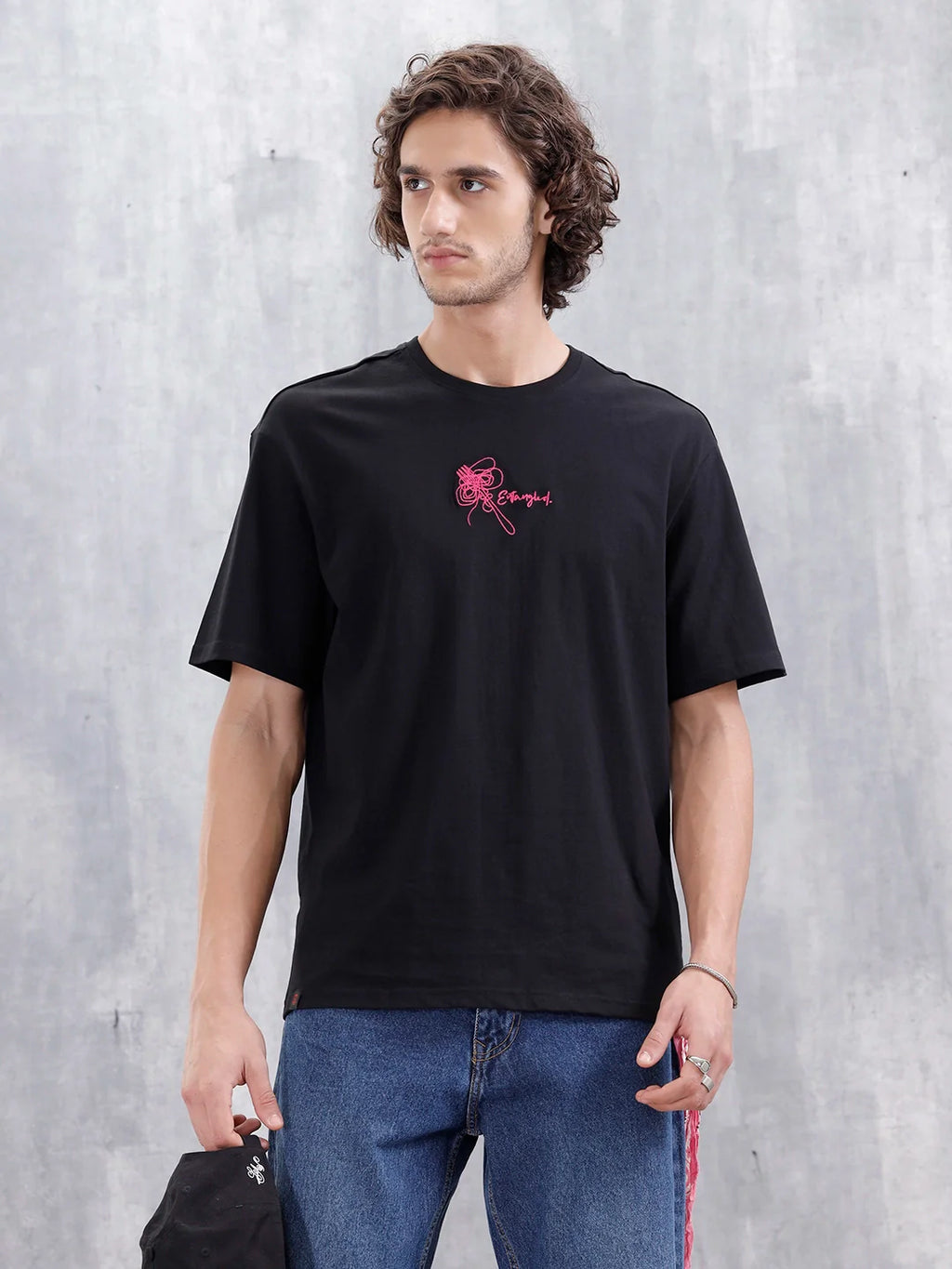 Men's Casual Embroidered Oversized Fit T-Shirt | Black