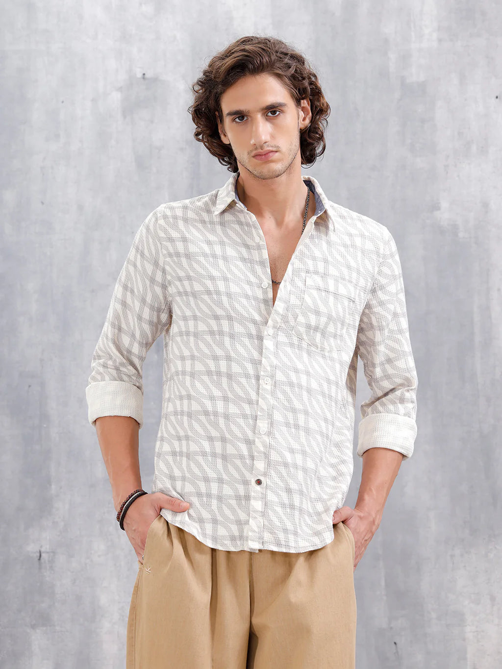 Textured Printed Slim Fit Shirt | Off White