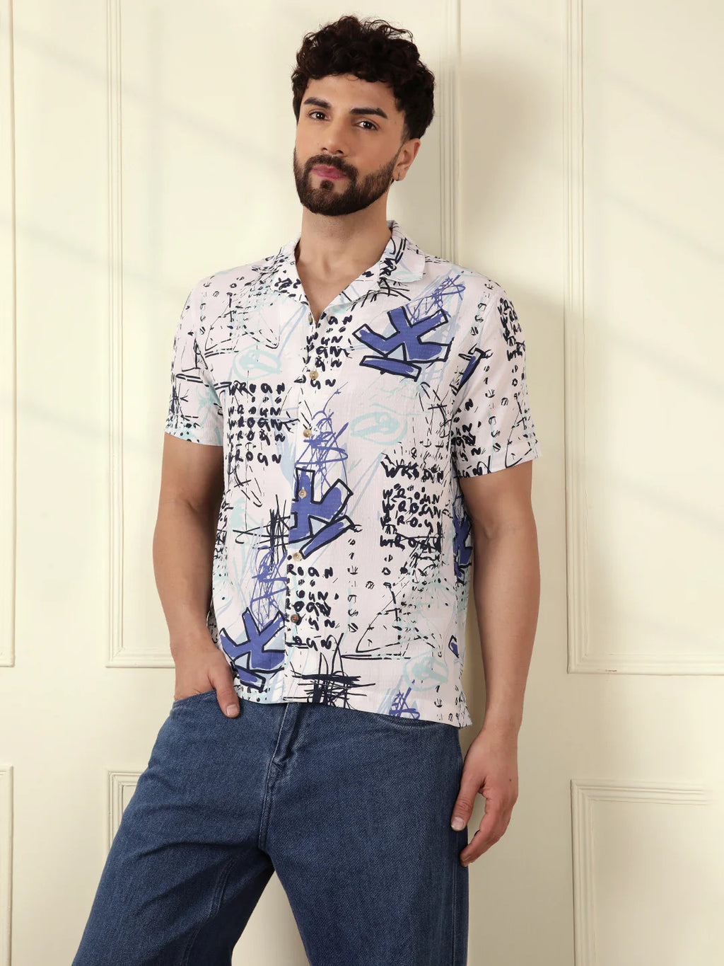 Textured Light Weight AOP Shirt  | Off White