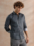 Printed Satin Slim Fit Shirt | Black
