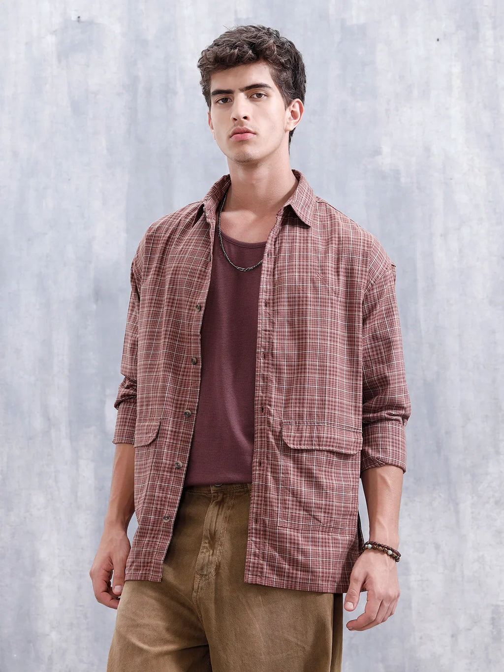 Men's Casual Oversized Fit Double Pocket Shirt | Brown
