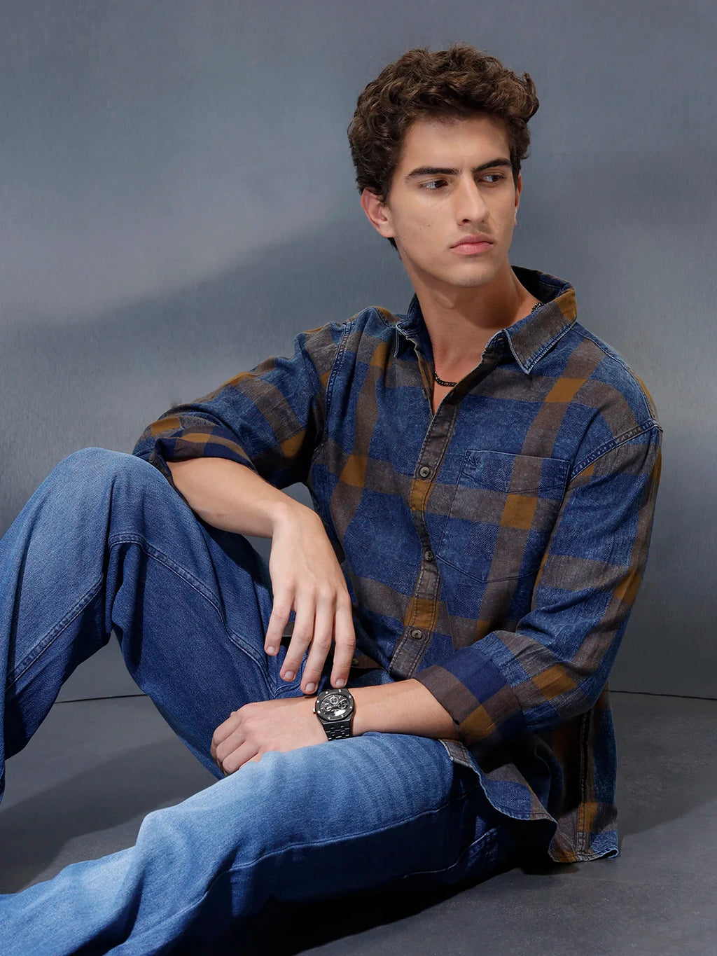 Men's casual regular fit checkered pattern shirt | Brown