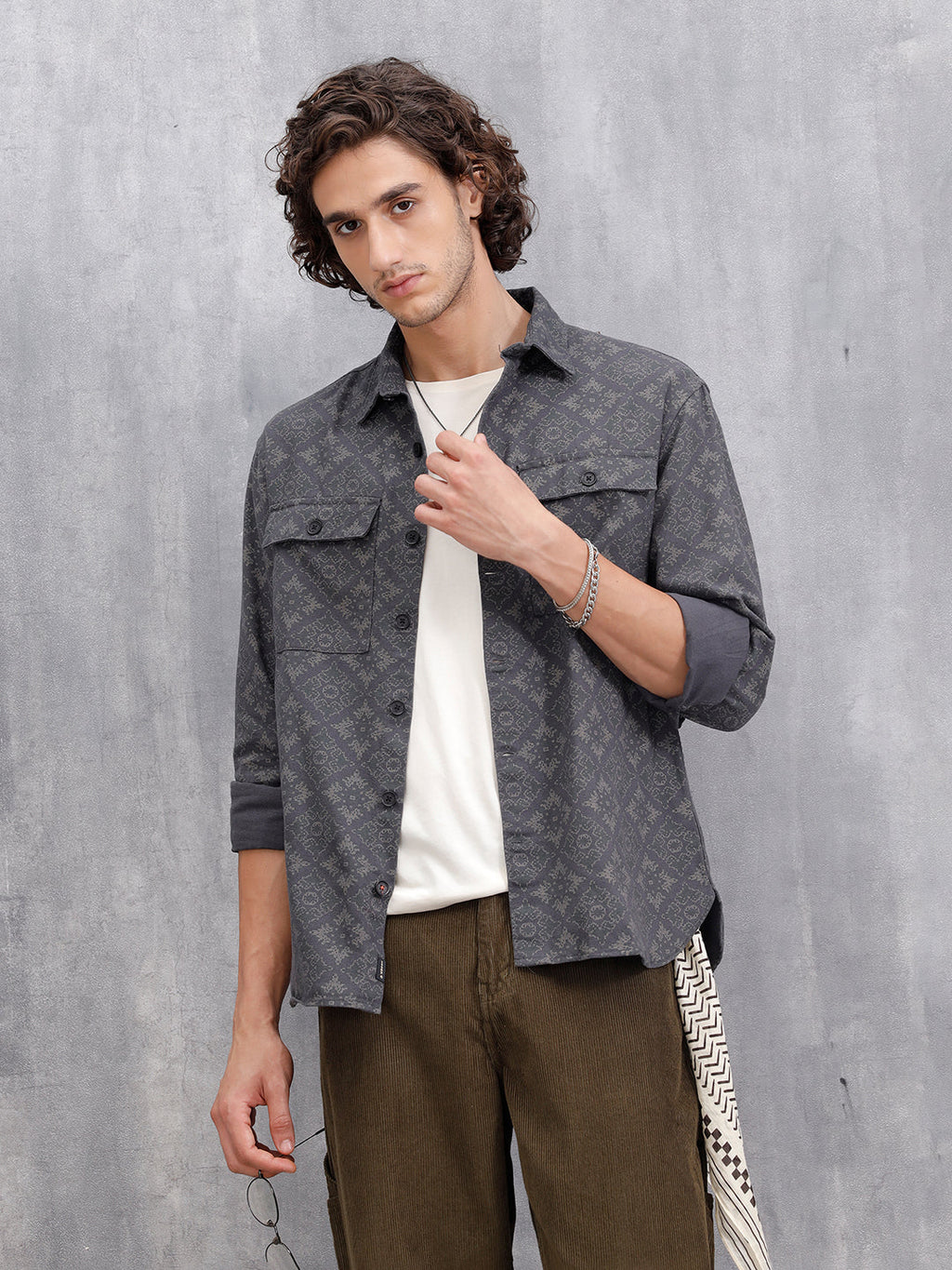 Heavy Printed Canvas Oversized Fit Overshirt | Dark Grey