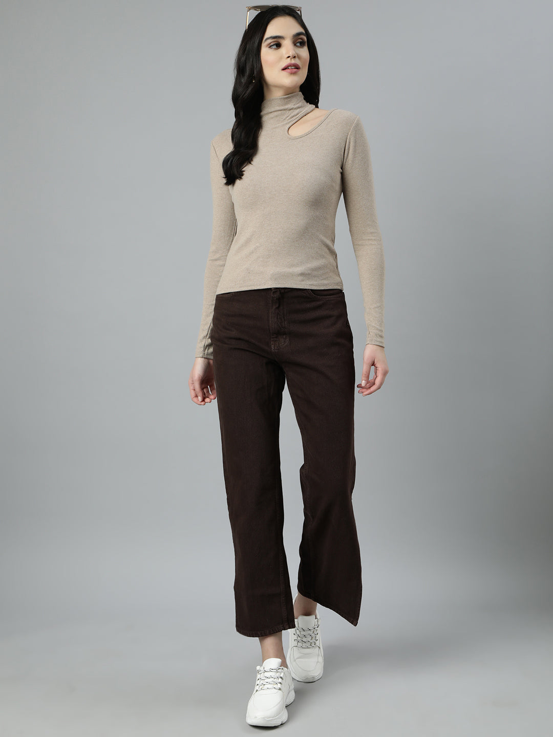 Women's Beige High Neck Long Sleeves Cut-Out Detail Fitted Top