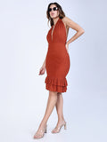 Women's Textured Brown Halter Neck Dress