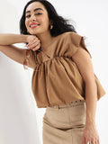 Women's Brown Solid Square Neck Synthetic Crepe Top