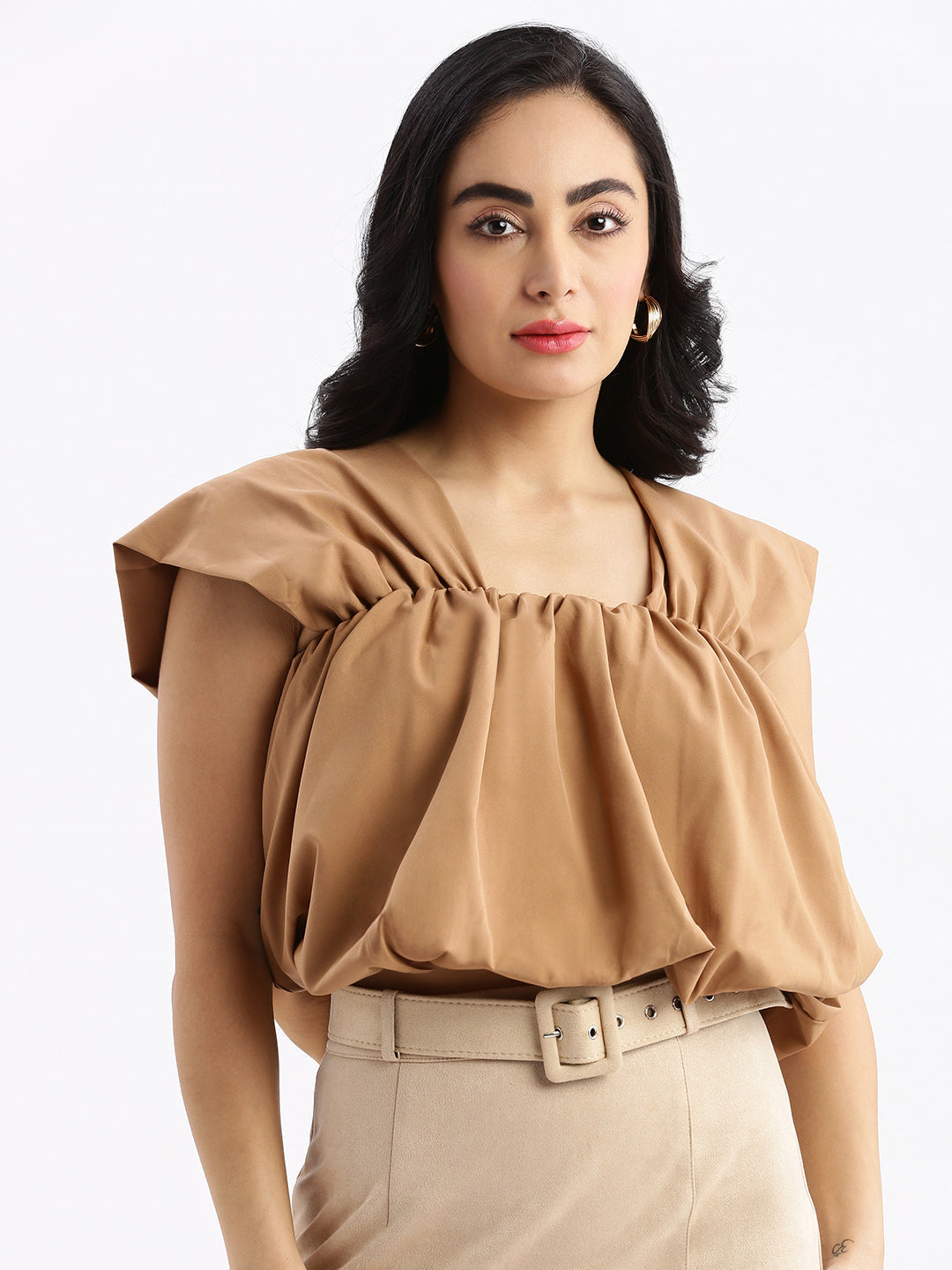 Women's Brown Solid Square Neck Synthetic Crepe Top