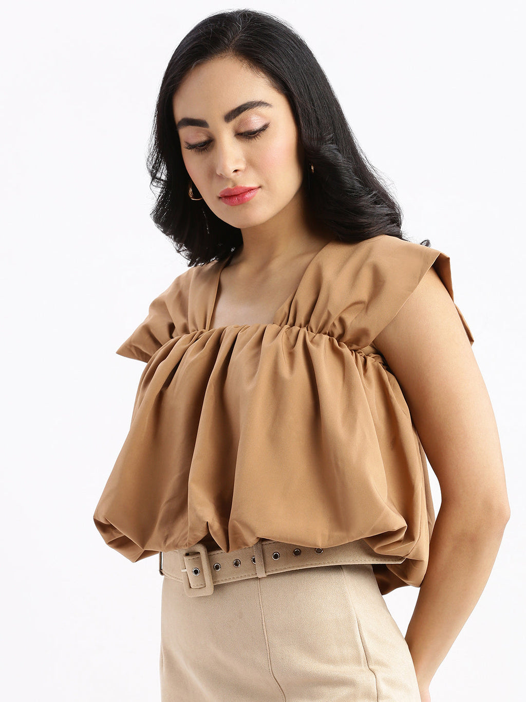 Women's Brown Solid Square Neck Synthetic Crepe Top