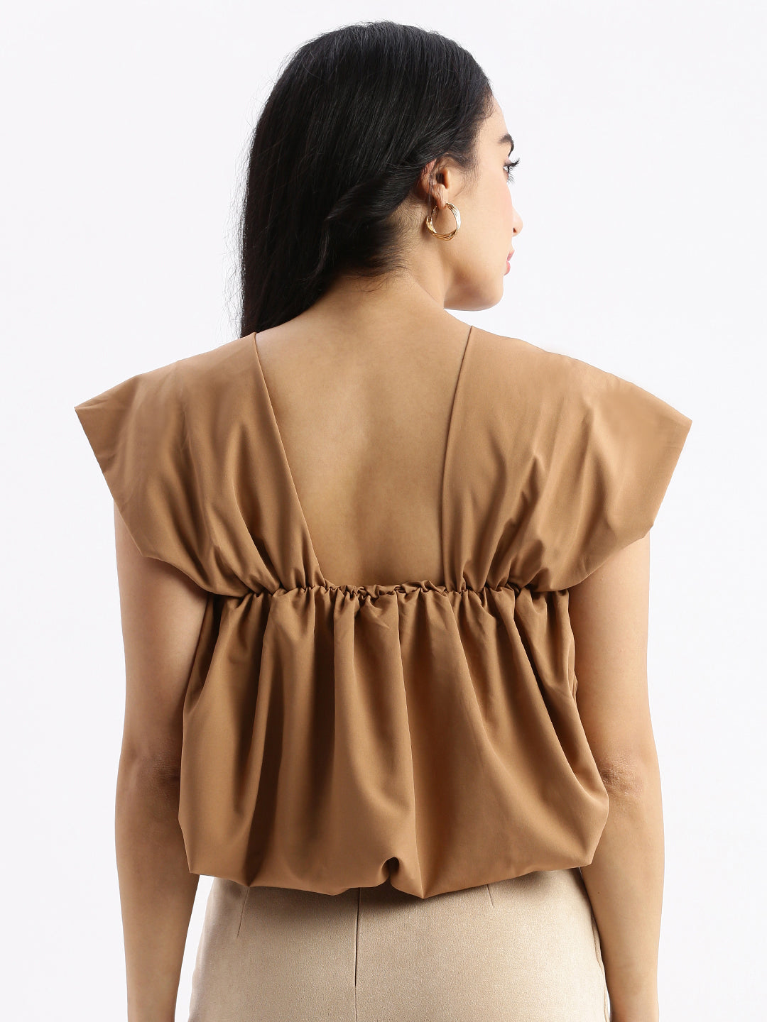Women's Brown Solid Square Neck Synthetic Crepe Top