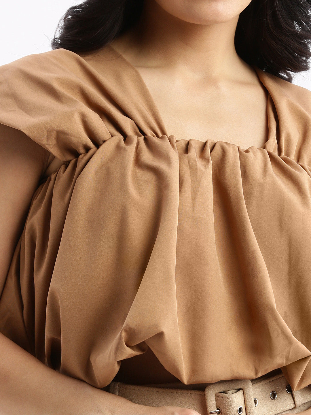 Women's Brown Solid Square Neck Synthetic Crepe Top