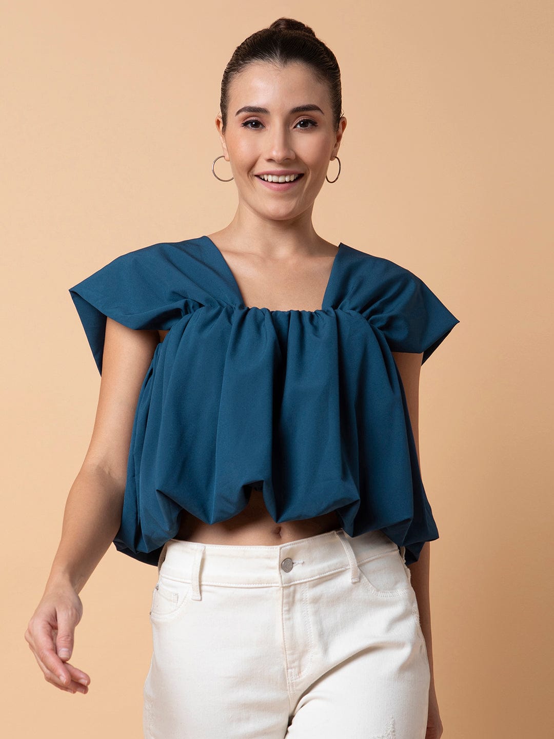 Women's Solid Teal Blouson Top