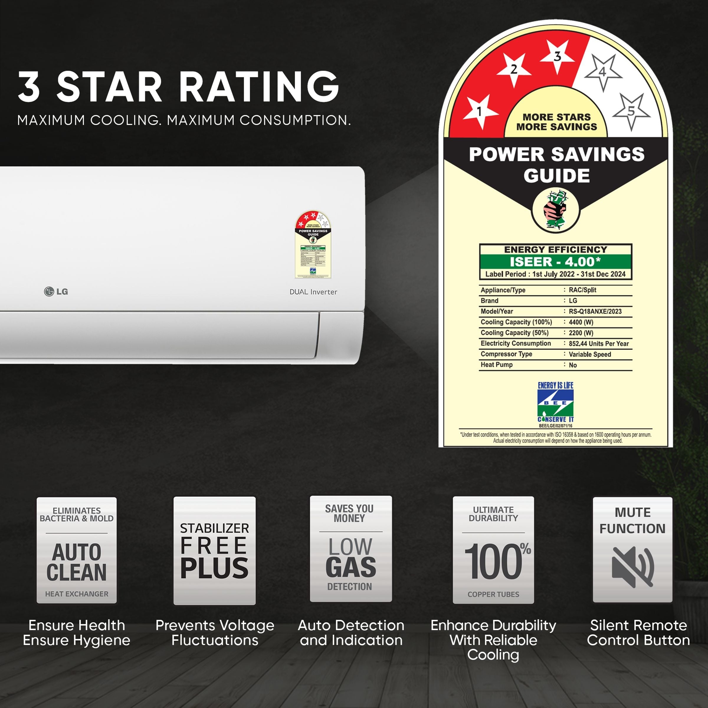 LG 6 in 1 Convertible 1.5 Ton 3 Star AI Dual Inverter Split AC with Auto Cleanser (Copper Condenser, RS-Q18ANXE)