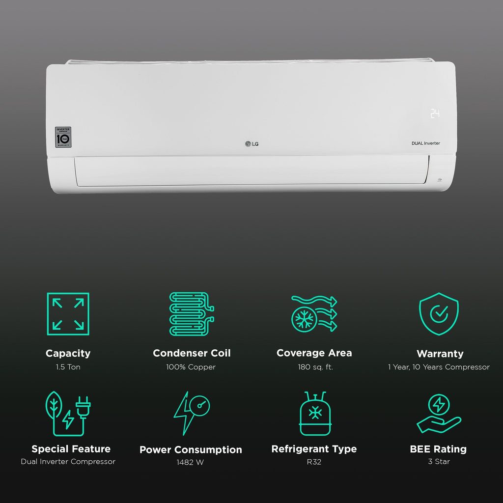 LG 6 in 1 Convertible 1.5 Ton 3 Star AI Dual Inverter Split AC with Auto Cleanser (Copper Condenser, RS-Q18ANXE)