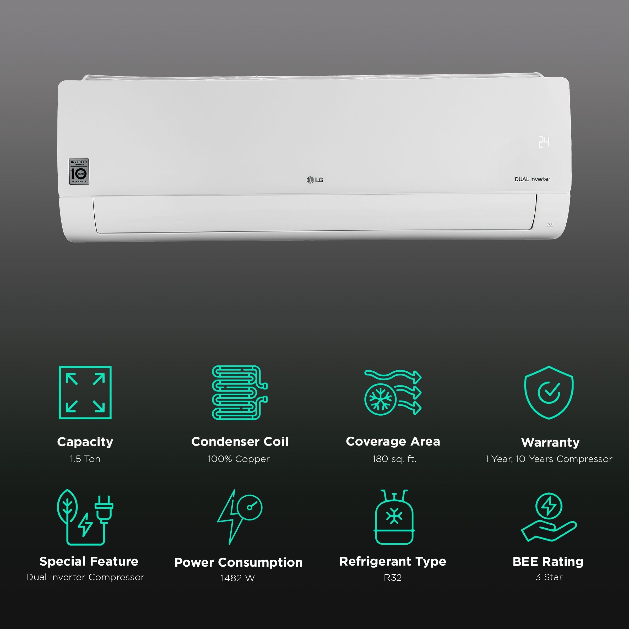 LG 6 in 1 Convertible 1.5 Ton 3 Star AI Dual Inverter Split AC with Auto Cleanser (Copper Condenser, RS-Q18ANXE)