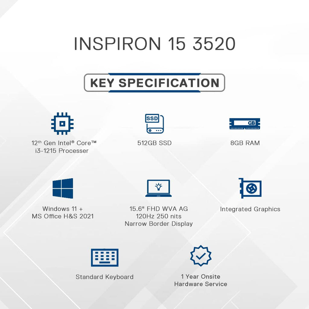 DELL Inspiron 15 3520 Intel Core i3 12th Gen Notebook Laptop (8GB, 512GB SSD, Windows 11 Home, 15.6 inch Full HD Display, MS Office 2021, Carbon Black, 1.85 KG)
