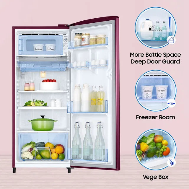 Samsung 183 L, 3 Star, Digital Inverter, Direct-Cool Single Door Refrigerator (RR20C1723R8/HL, Blooming Saffron Red)