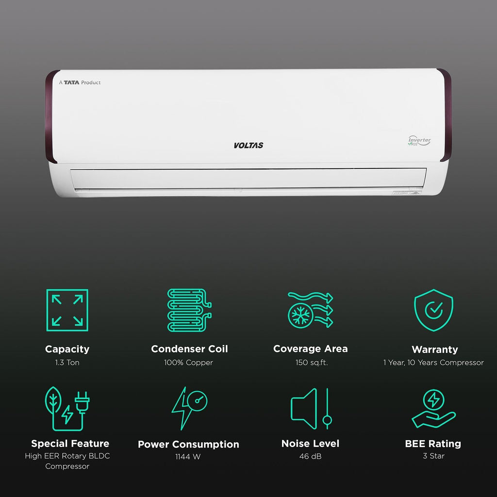 VOLTAS 163V Vectra Pearl 4 in 1 Convertible 1.3 Ton 3 Star Inverter Split AC with Anti Dust Filter ( Copper Condenser, 4503543)
