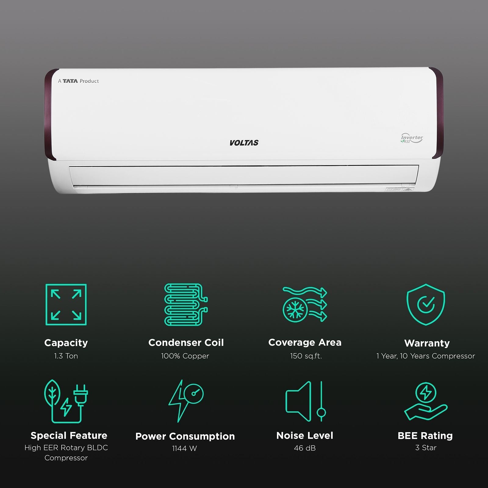 VOLTAS 163V Vectra Pearl 4 in 1 Convertible 1.3 Ton 3 Star Inverter Split AC with Anti Dust Filter ( Copper Condenser, 4503543)