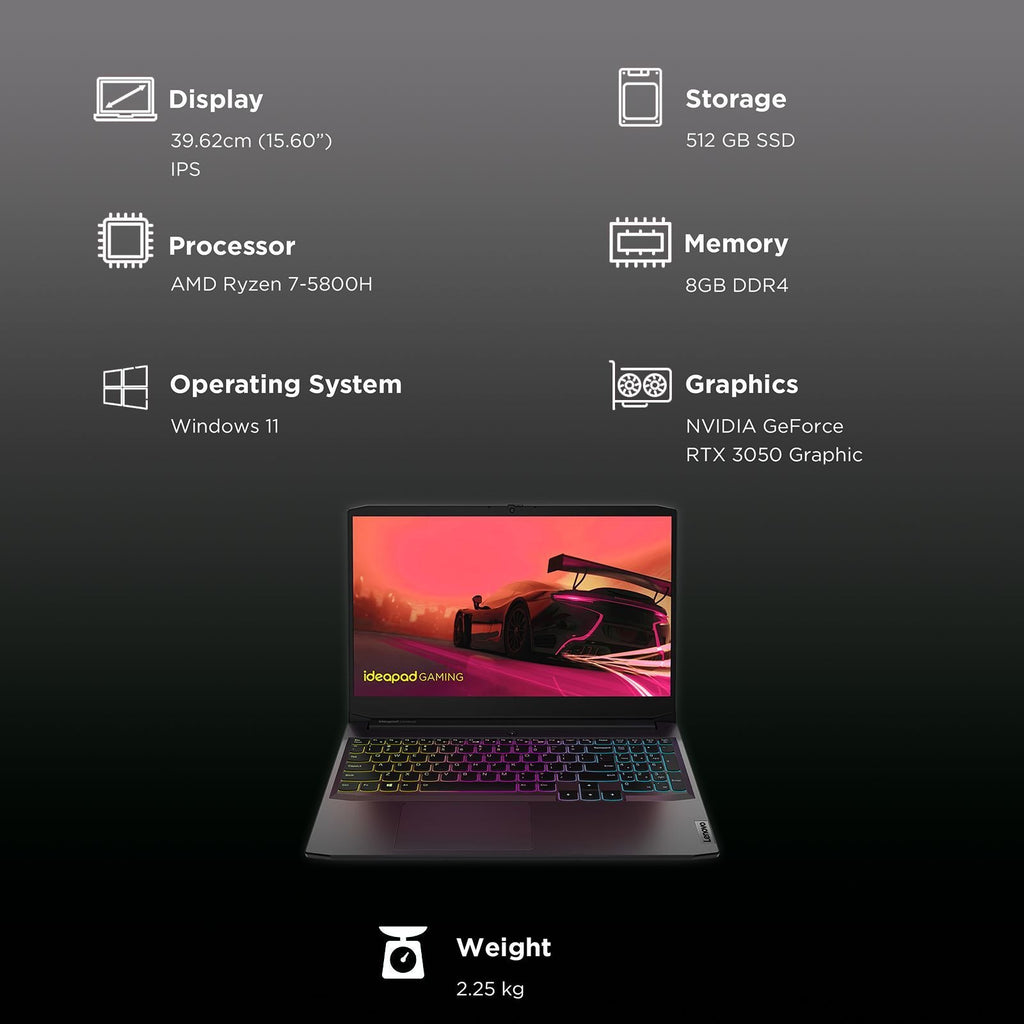 Lenovo IdeaPad Gaming 3 15ACH6 AMD Ryzen 7 (15.6 inch, 8GB, 512GB, Windows 11, MS Office 2021, NVIDIA GeForce RTX 3050, Full HD IPS Display, Shadow Black, 82K2022XIN)