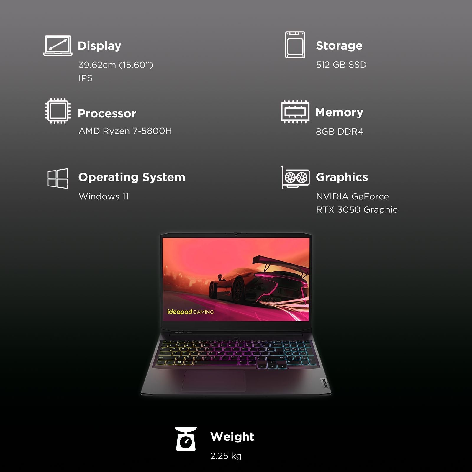 Lenovo IdeaPad Gaming 3 15ACH6 AMD Ryzen 7 (15.6 inch, 8GB, 512GB, Windows 11, MS Office 2021, NVIDIA GeForce RTX 3050, Full HD IPS Display, Shadow Black, 82K2022XIN)
