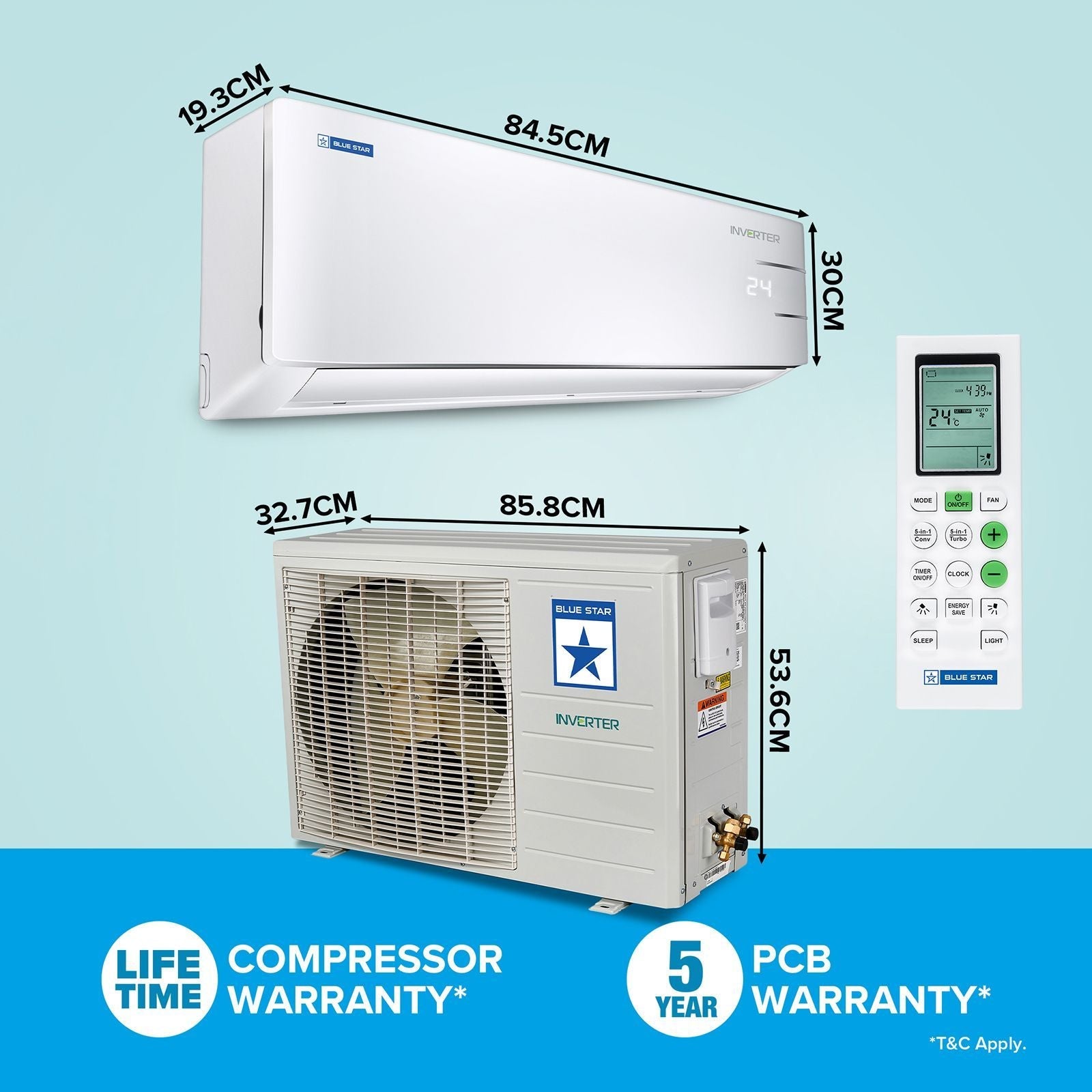 Blue Star Y Series 5 in 1 Convertible 1.5 Ton 3 Star Inverter Split AC with Self Diagnosis (Copper Condenser, ID318YKU)