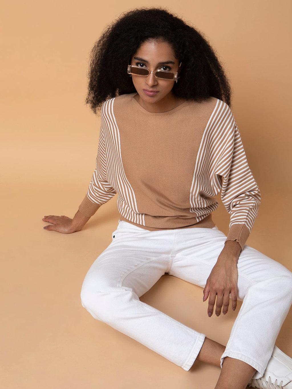 Women's Brown Vertical Striped Round Neck Acrylic Top