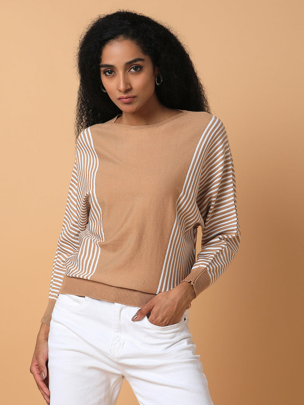 Women's Brown Vertical Striped Round Neck Acrylic Top