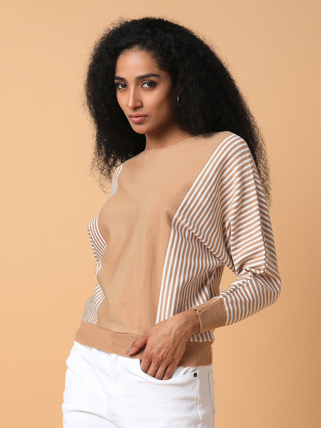 Women's Brown Vertical Striped Round Neck Acrylic Top