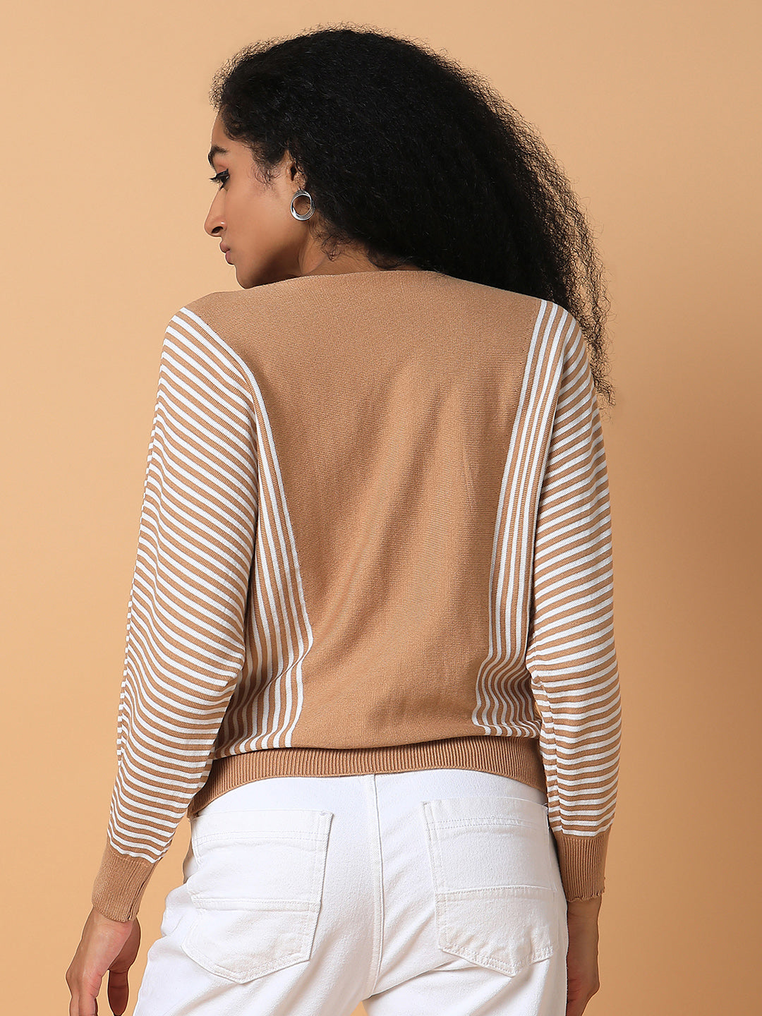 Women's Brown Vertical Striped Round Neck Acrylic Top