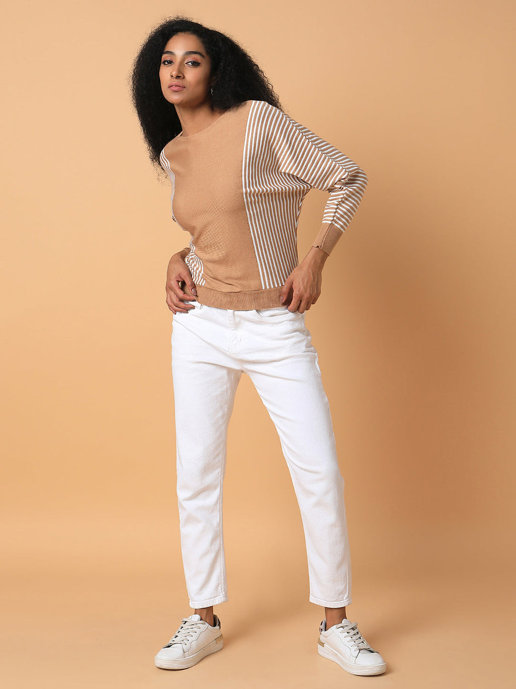 Women's Brown Vertical Striped Round Neck Acrylic Top
