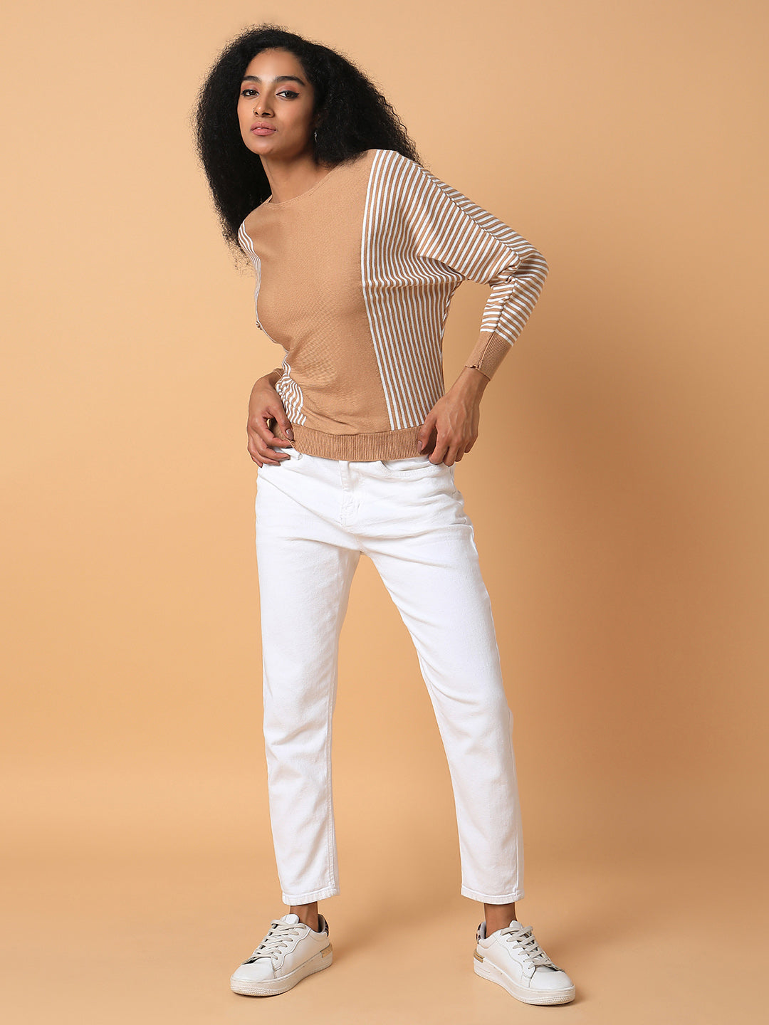 Women's Brown Vertical Striped Round Neck Acrylic Top